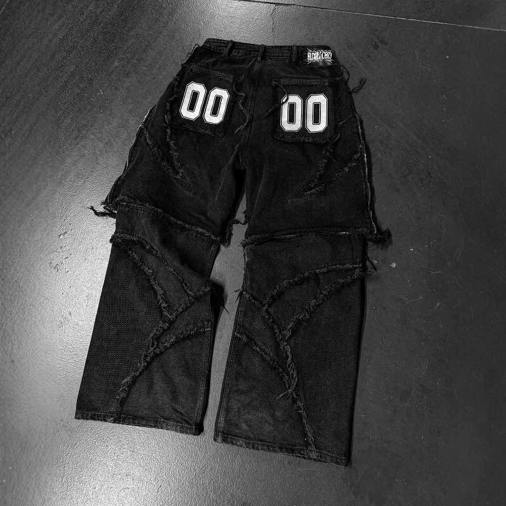 GLYDE Fashion America Retro Street Zip Up Patchwork Baggy Jeans Men Y2k Stripe Embroidery Splicing Black Denim Pants Hip Hop Jeans