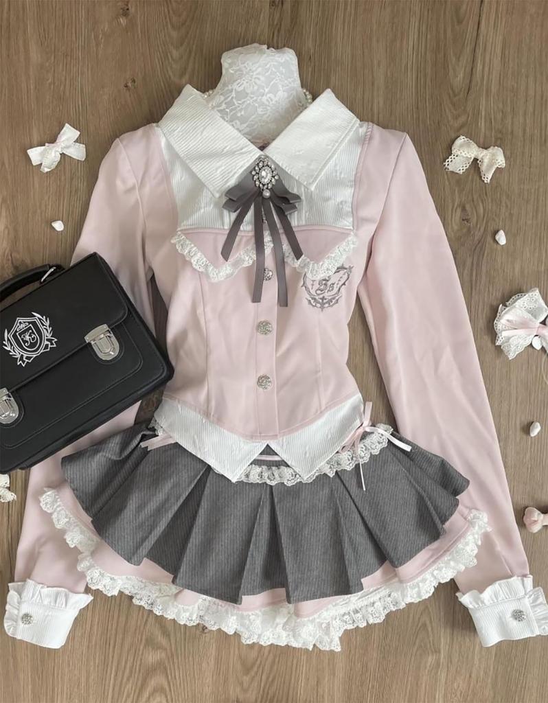 Jundakara Dress Feminine Pleated Tiered Lace Ruffles with Long Korean Korean Lolita Perfect for Size S Women's 3-Piece Set, Ribbon, Sleeves, Style,