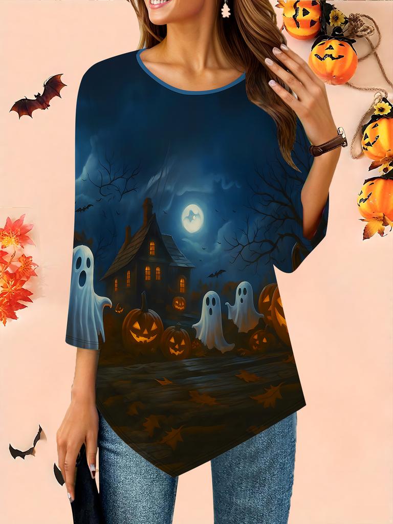Women's Loose Round Neck Three Quarter Sleeve Tee 3D Halloween Pattern Ideal Halloween and Christmas Gift