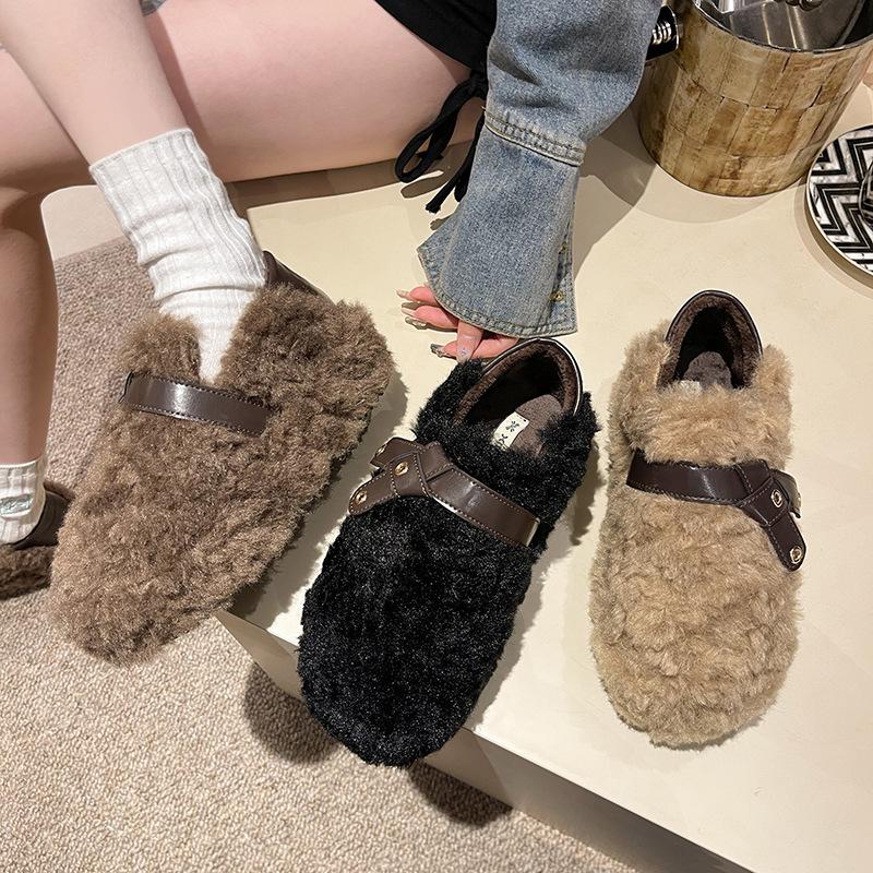 Thick-soled fluffy shoes for women to wear outside 2025 autumn and winter new bag head half slippers with velvet to keep warm ins home cotton dr