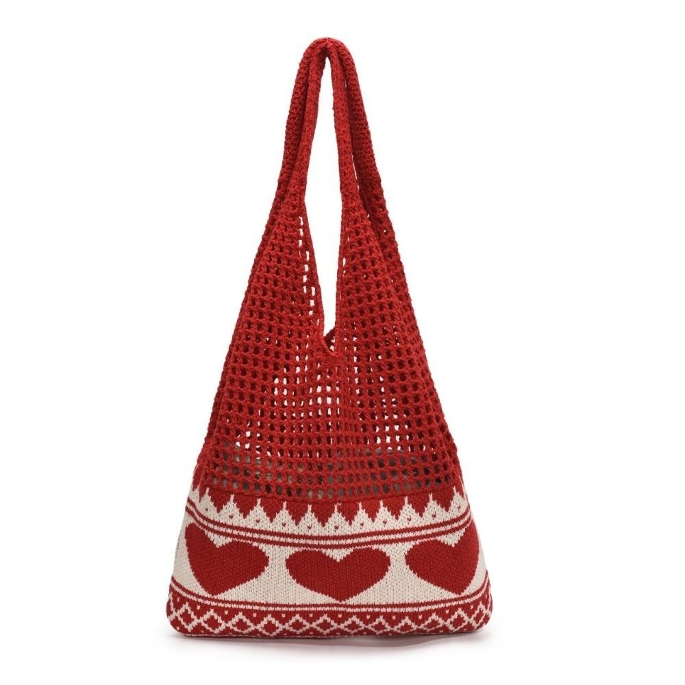 New Korean Style Shoulder Bags Knitted Material Cute Heart Pattern Beach Hangbag Large Capacity Shopping Bags Casual Outing