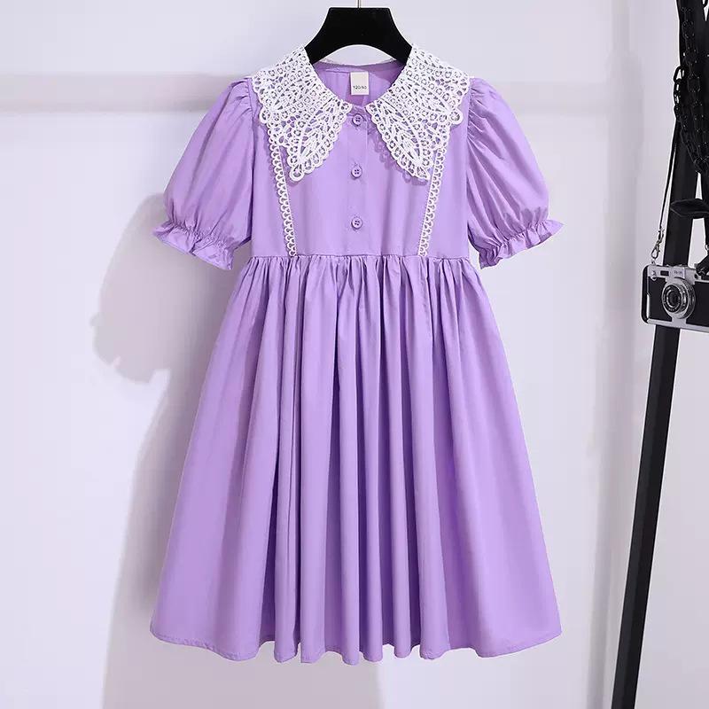 Girls' Summer Korean-Style Short-Sleeve Doll Collar Dress - Princess College Style Skirt for Middle and Large Children