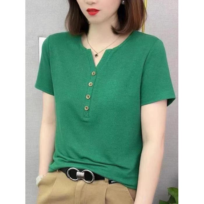 

2024 Women s V-Neck Cotton Short-Sleeve Tee – Casual Summer Design L зелёный