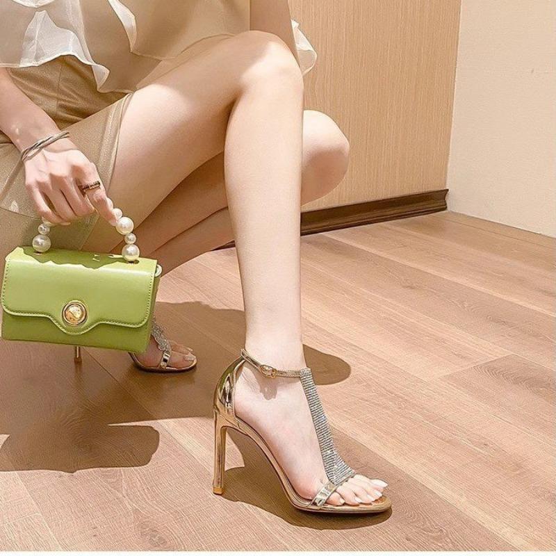 

Модные летние новые туфли на высоком каблуке с линией со стразами, босоножки на высоком каблуке с круглым носком, женская обувь на шпильках 39 золотой