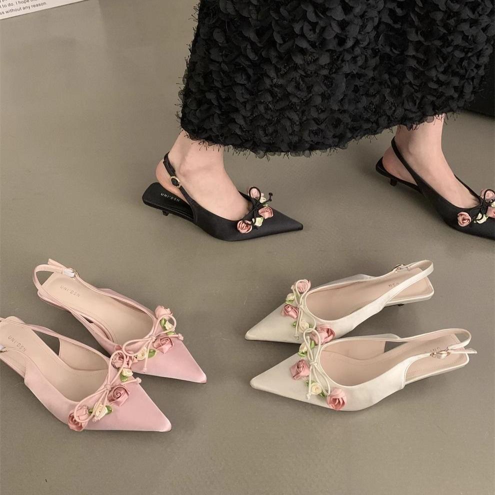 French Flower Evening Shoes Women's Summer 2024 New French Temperament with Skirt High Sense Word with High Heel