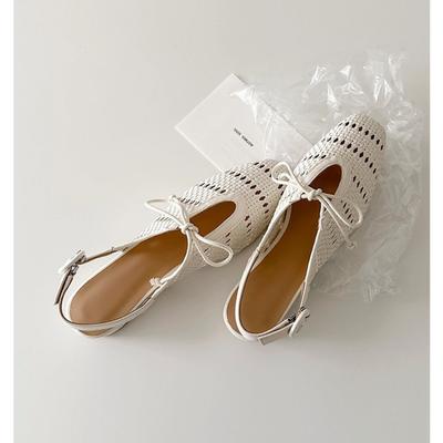 Sheepskin Version~ Woven Hollow Bag Head Sandals Women's One-word Buckle with Bow Thick Heel Holiday Shoes