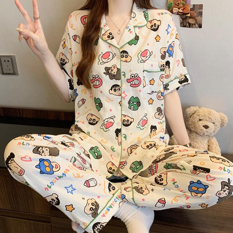 Mengqu Cartoon Cloud Cotton Pajamas Women'S Summer Short-Sleeved Trousers Set Loungewear