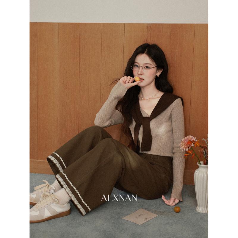 French Vintage Brown Wide-Leg Denim Trousers
