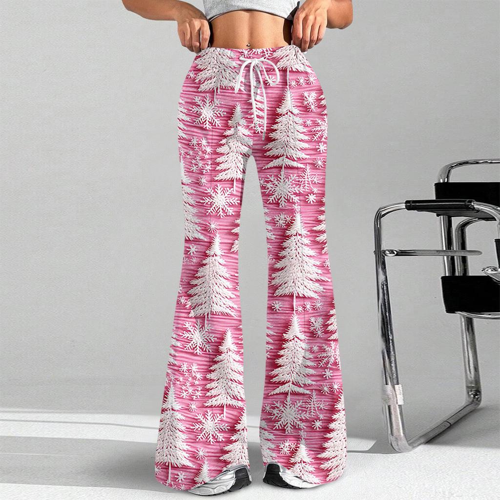 Women's Fashion Loose Drawstring Waist Christmas Printed Casual Sports Pants Casual Flared Pants