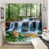 Shower Curtain: Majestic Tigers In a Serene Forest with Waterfalls for a Dramatic and Nature-Inspired Bathroom Decor