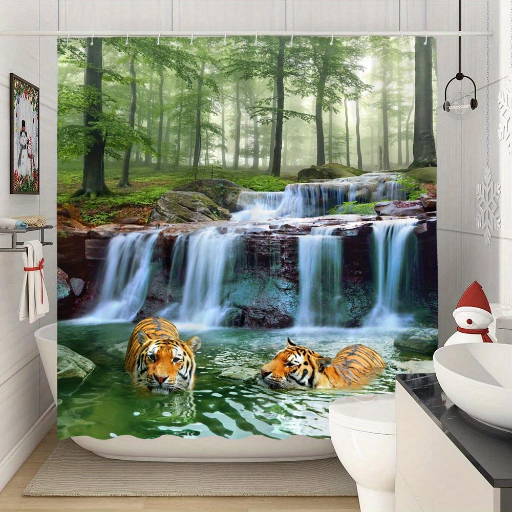 

Душевая занавеска: Величественные тигры в безмятежном лесу с водопадами для драматичного и вдохновленного природой декора ванной комнаты W90XH180cm