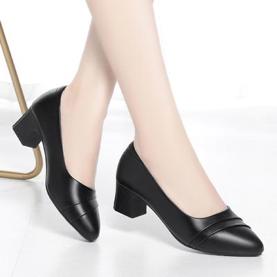Shoes Women Mid Heel Office Lady Pumps PU Soft Leather Black Basic Square Heeled Spring Autumn Loafers Female Casual Elegant
