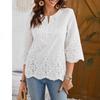 Women Fashion Sexy Lace V Neck Embroidered Seven Quarter Sleeve Loose Blouse