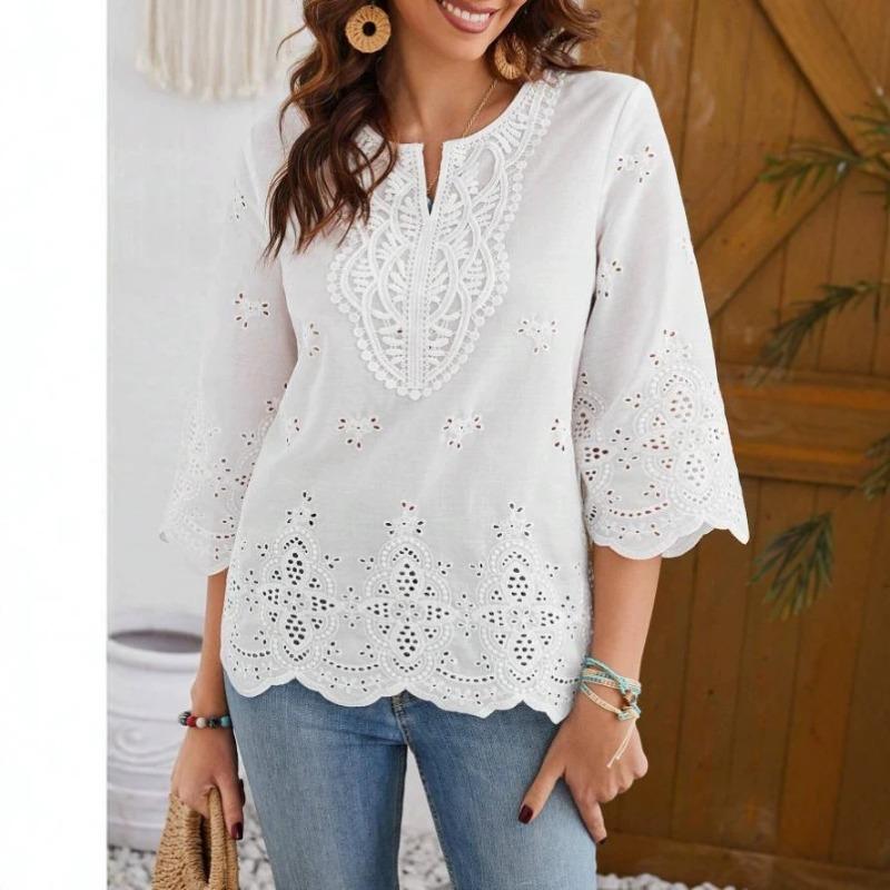 Women Fashion Sexy Lace V Neck Embroidered Seven Quarter Sleeve Loose Blouse