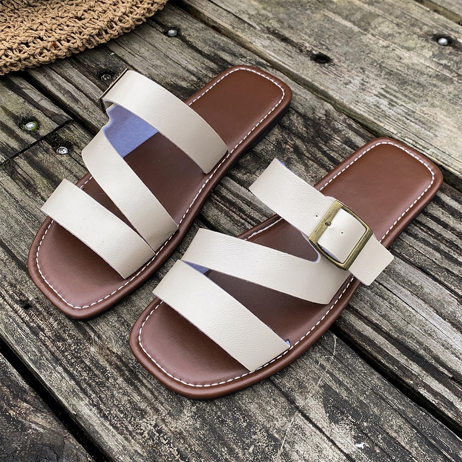 Summer women s square headed flat bottom straight buckle decoration retro color sandals 36 бежевый