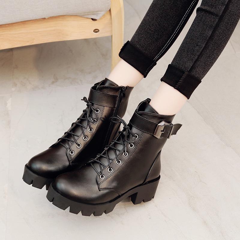 New Martin boots thick heel lace-up belt buckle short boots European and American boots