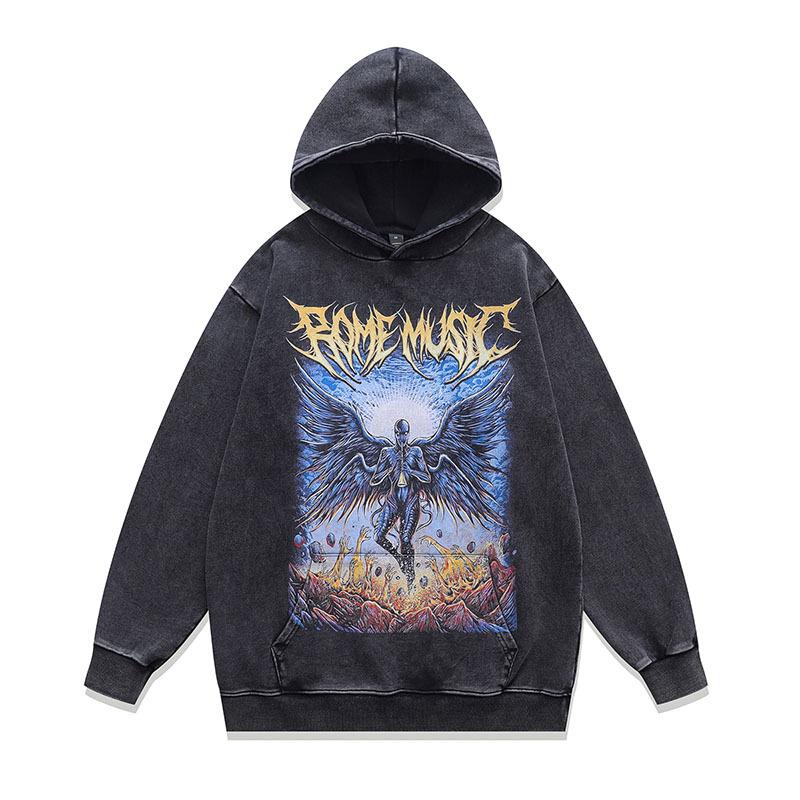 Sweat à capuche Rétro Tendance Marque Hip Hop Street Lavage à l'eau Aspect Vieilli Impression Dessin Animé Japonais Sweat à Capuche Hommes et Femmes Tendance
