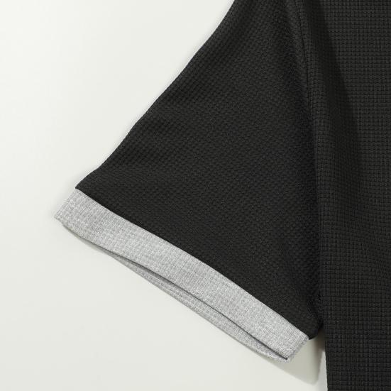 Men's Summer Hooded T-shirt Short Sleeved Button Down Tee with Chest Pocket Waffle Color Block Casual Hoodie T-shirt for Gym Street Wear