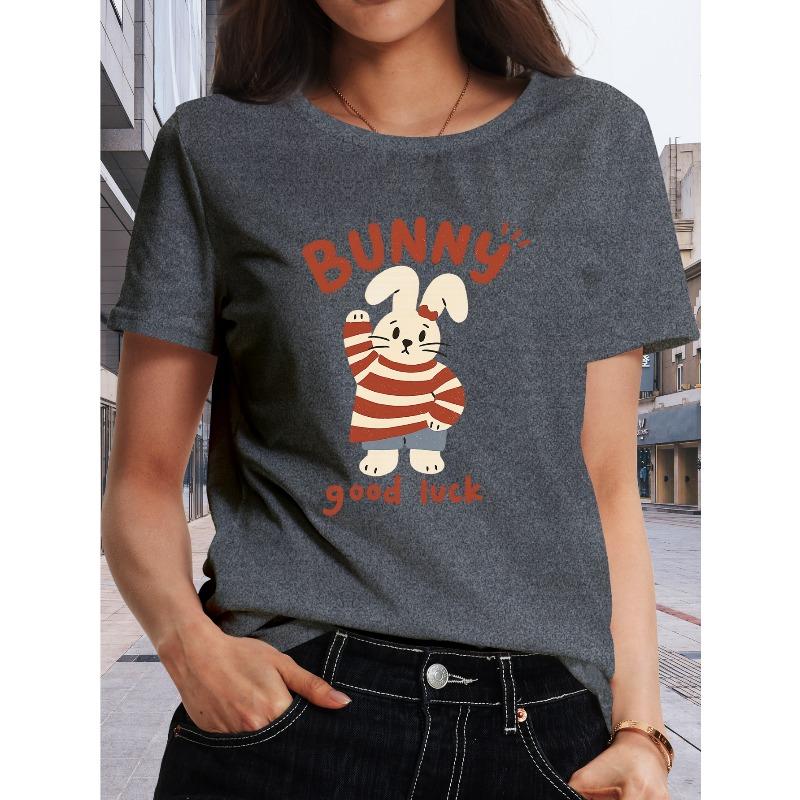 

Women S Rabbit Wishes You Good Luck Printed Short-Sleeved T-Shirt | Soft and Breathable, Moderate Elasticity, Machine Washable, Casual Style, 4XL сірий