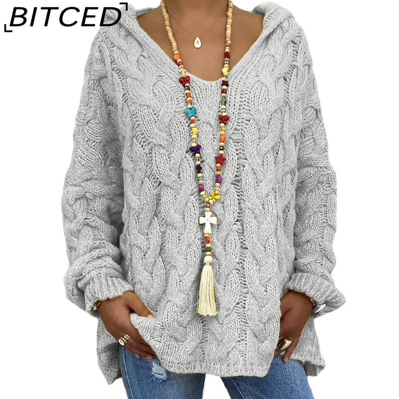 BITCED Fall/Winter Solid Color Cable-Knit Hoodie Sweatshirt for Women