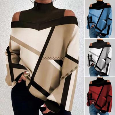 Damen-Herbst-Frühlings-Oberteil, aushöhlen, schulterfrei, farblich passender geometrischer Druck, lange Ärmel, lockerer Pullover mit hohem Kragen, mittellange T-Shirt-Bluse für Damen