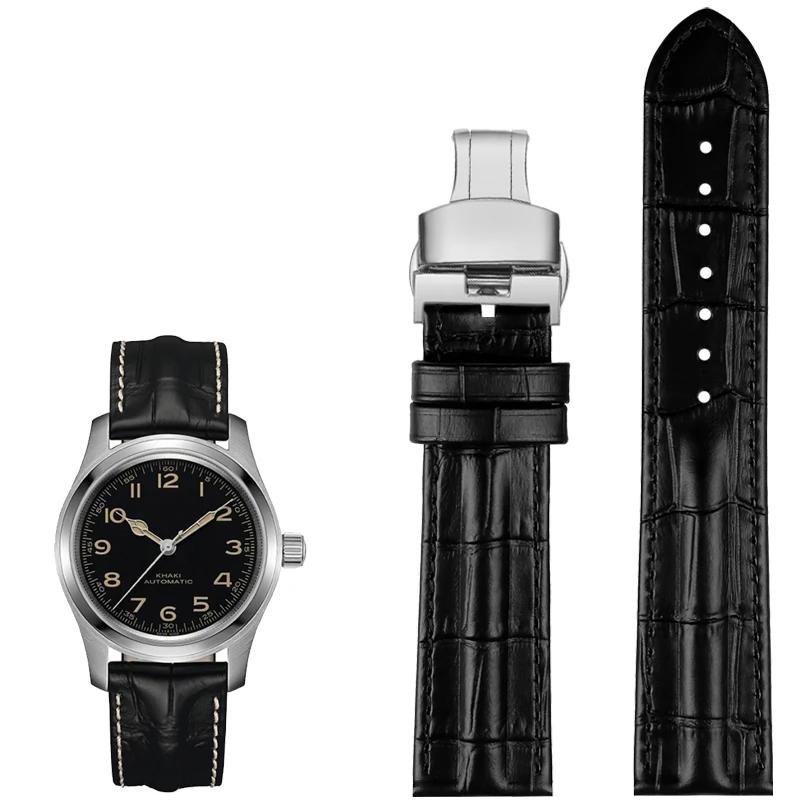 For Hamilton Genuine Leather WatchBand Khaki H7060573 Cowhide Bracelet Crocodile Skin Texture Strap 20mm 22mm Men's Black Brown