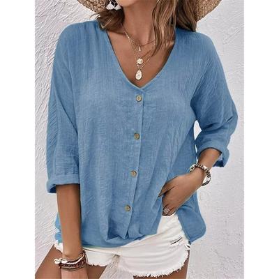 Buttons V-neck Women Blouse Solid Three Quarter Sleeve Loose Women's Shirt Casual Ladies Plus Size Top