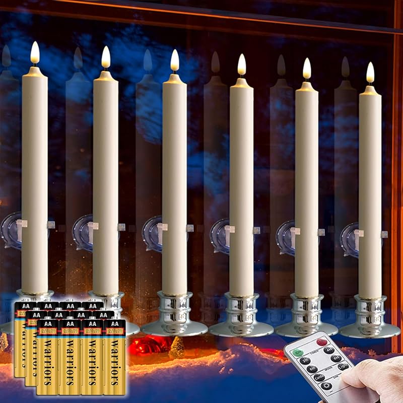 10 Pack Window Candles +20 AA Batteries(Include,Run More Than 400 Hours) + Candleholders + Suction Cups+ 2 Remote. 8'' Tall. IVORY LED Battery