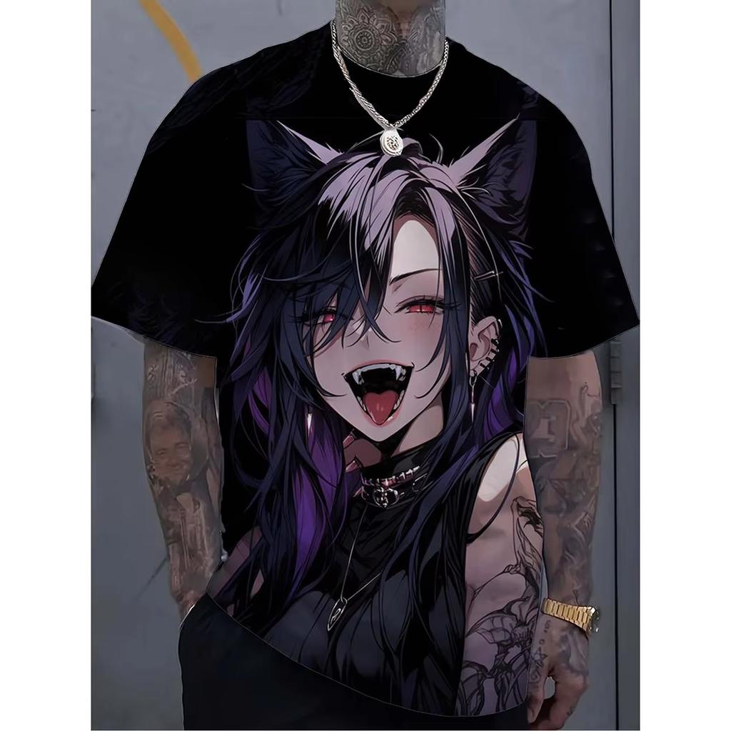 2026 Sommer Herren Harajuku Stil T-Shirt 3D Cartoon Tattoo Mädchen Druck Kurzärmelig Lässig Trendig Street Herren Oberteil