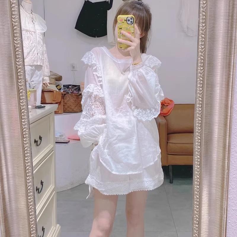 Plus Size Summer Solid Color Lace Patchwork Long Sleeve Loose T-shirt for Women