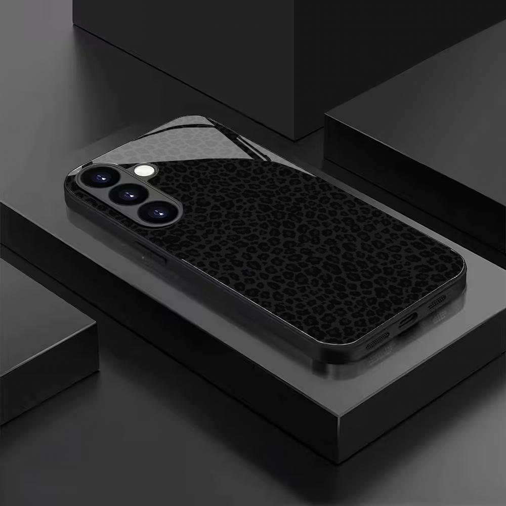 Black leopard print tempered glass phone case suitable for Samsung Galaxy S26 S25 S24 S23 S22 S21 S20 FE/Ultra/Plus anti drop