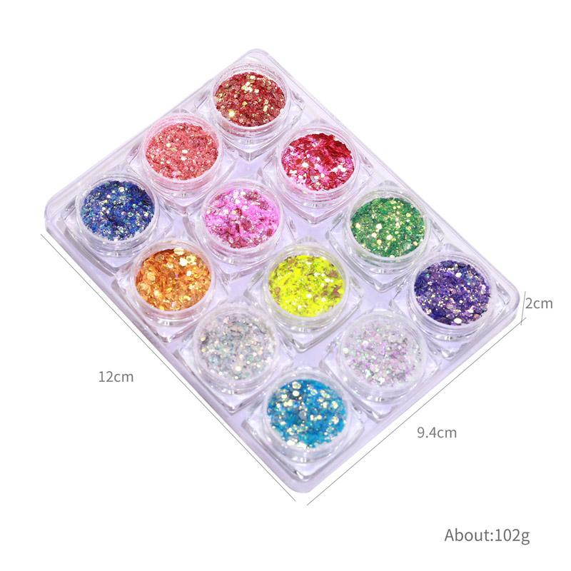 

12 цветов/набор смешанных 3D ультратонких блестящих блесток для ногтей DIY хромированная пудра блестящая круглая толстая часть ослепительное украшение для маникюра 12PC разноцветный
