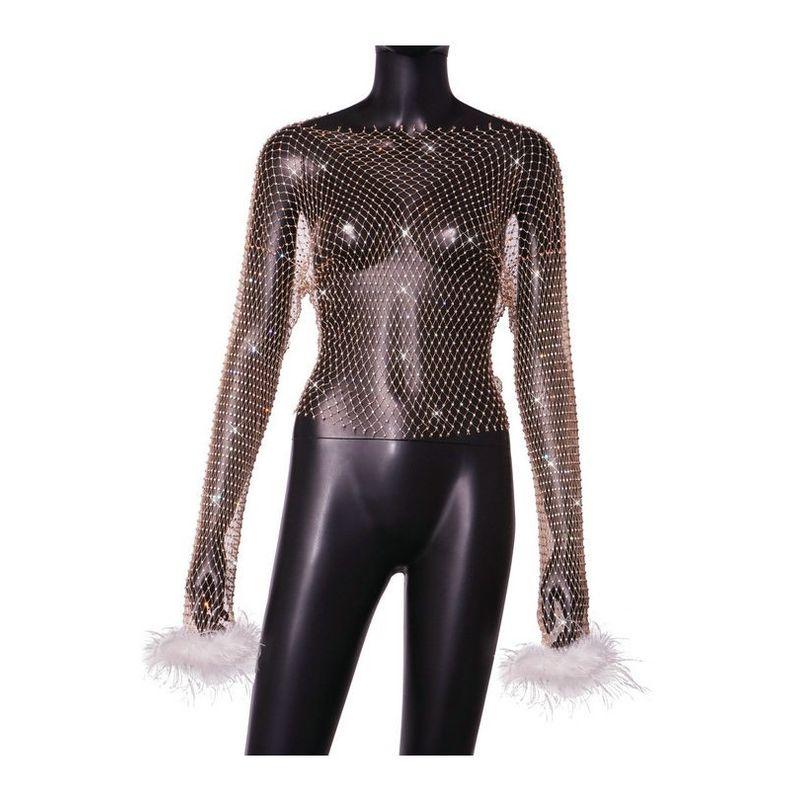 INS Style 2024 European and American Unique and Elegant New Arrival Rhinestone Mesh Cut Out Long Sleeves Women's Solid Color T-shirt Top