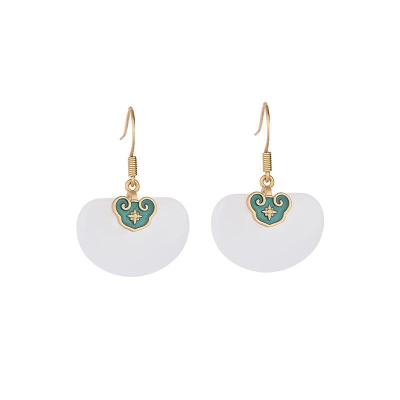 Ancient Gold-Plated Auspicious Cloud Earrings with Imitation Hetian Jade