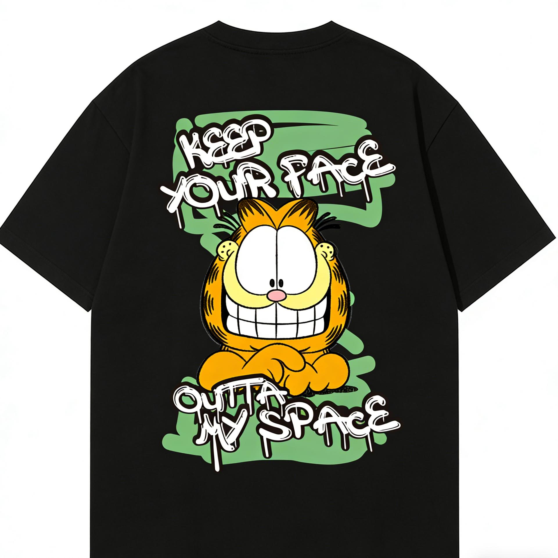 Keep Your Face Outta My Space  Garfield Graffiti Trendy T-Shirt, American Streetwear Loose-Fitting Short Sleeve, Unisex S
