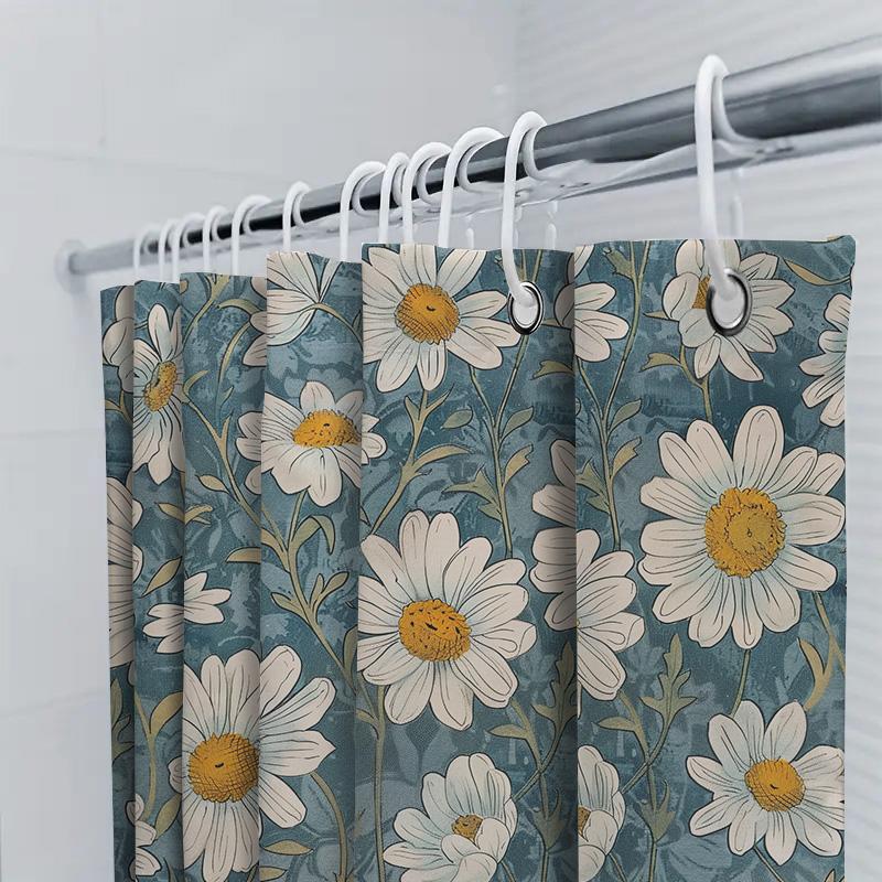 White Daisy Shower Curtain Waterproof Home Decor Bathroom Wall Hanging Floral Print Fabric Water Repellent Curtains For Bathroom