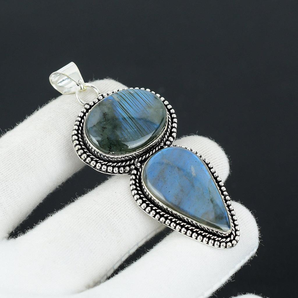Flashy Labradorite Gemstone Handmade 925 Sterling Silver Jewelry Pendant, Double Stone Pendant, Holiday Gift for Her Jewelry for Special Occasions