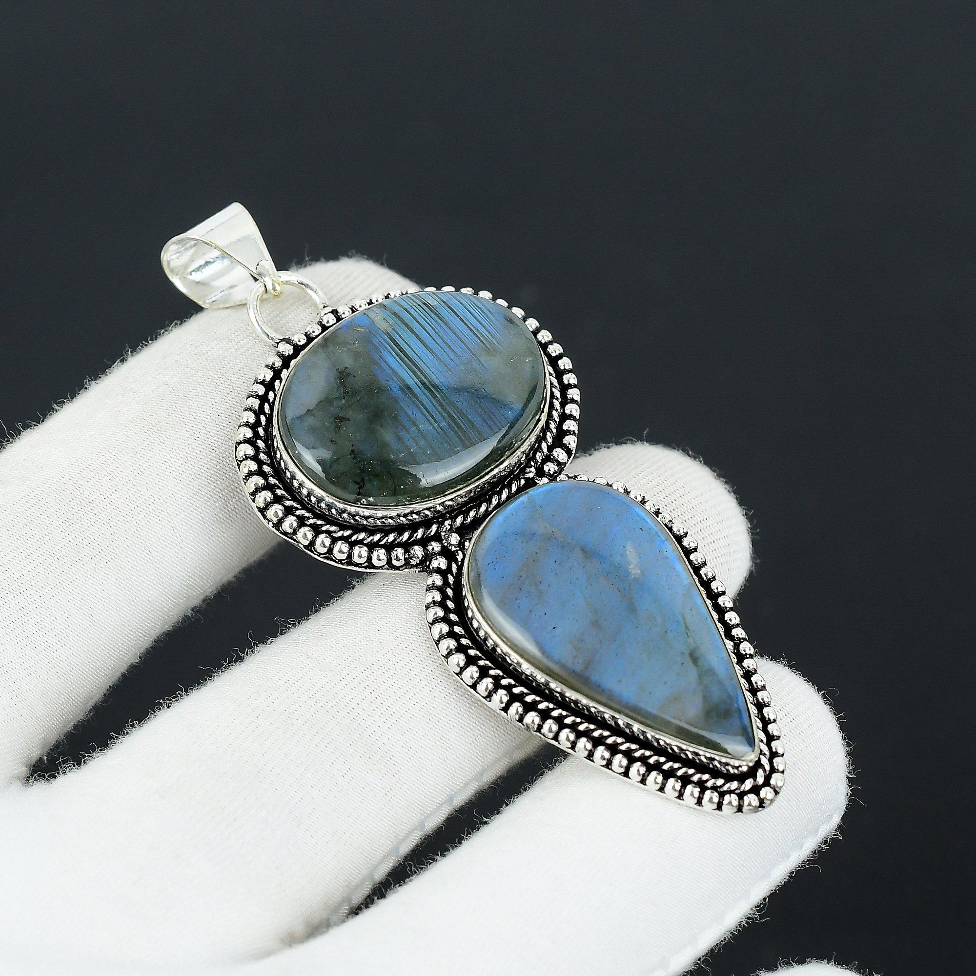 

Яркий лабрадорит, драгоценный камень, кулон ручной работы из стерлингового серебра 925 пробы, двойной кулон с камнем, праздничный подарок для нее, ювелирные изделия для особых случаев 2.75 синий