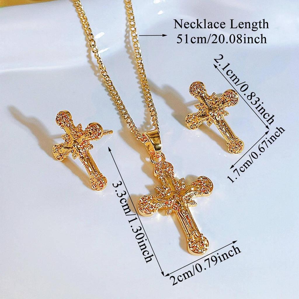 Ethnic Faith Cross Pendant Necklace & Earrings Set - Gold Plated Studs, Hip Hop Style Copper Jewelry