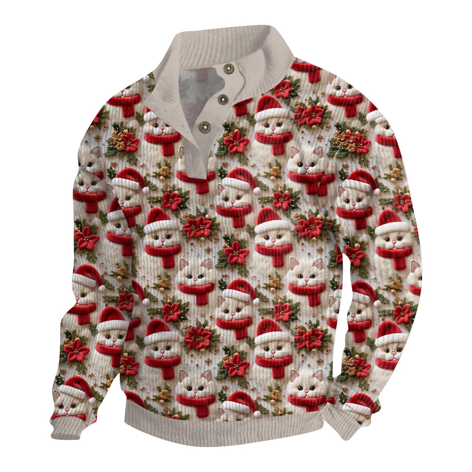 

Мужская рождественская хлопковая рубашка-пуловер с длинным рукавом для активного отдыха, винтажная вельветовая рубашка с воротником-стойкой и пуговицами, повседневная толстовка с рождественским принтом XL