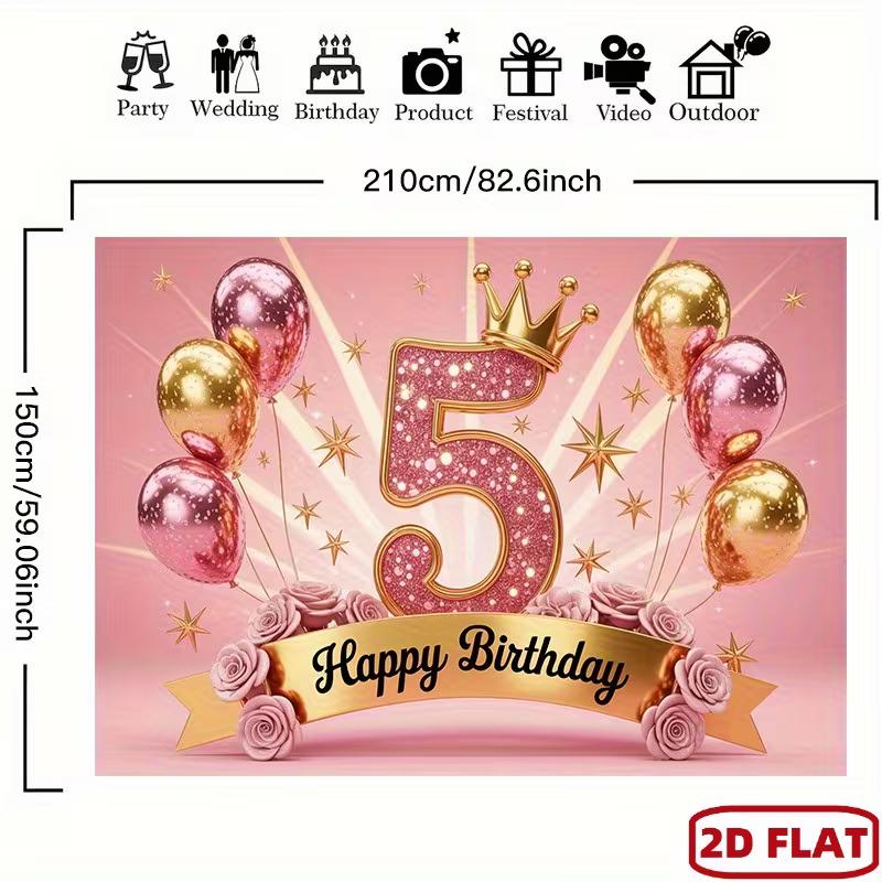 2D Pink & Gold 5th Birthday Backdrop with Crown & Flowers for Toddler Party