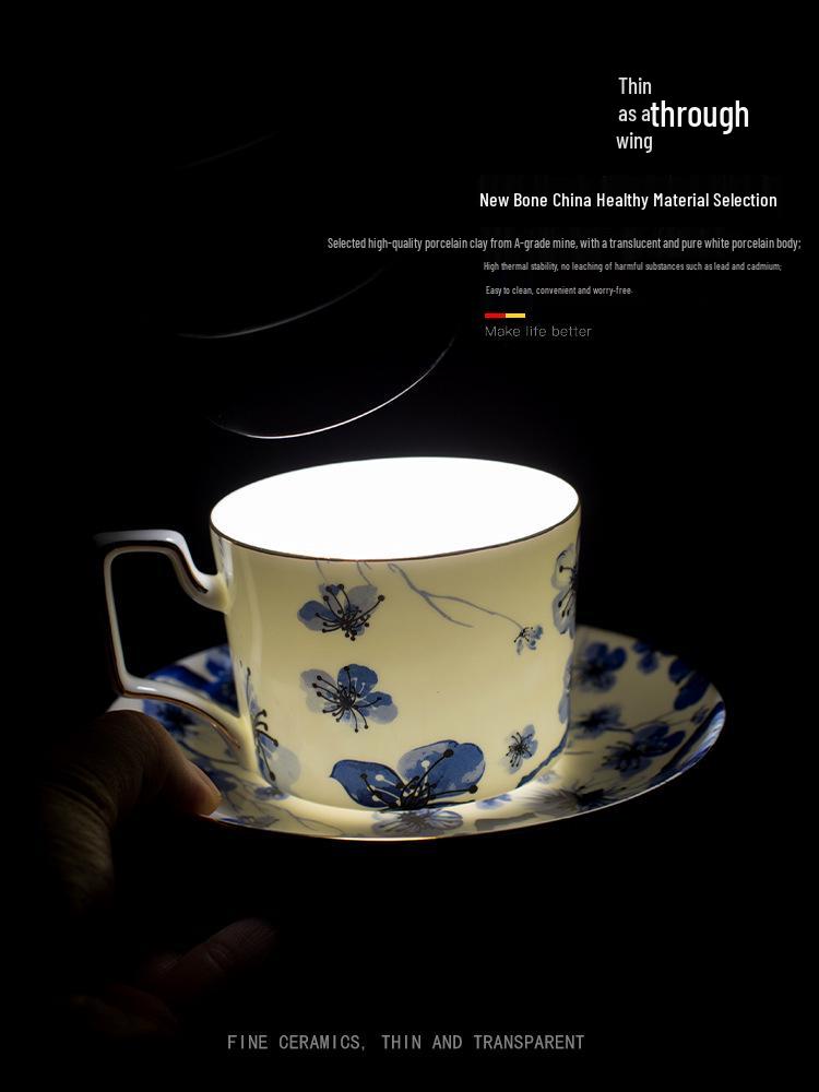 Modro-bílý kostní porcelánový pozlacený šálek na kávu a čaj s podšálkem - Retro design