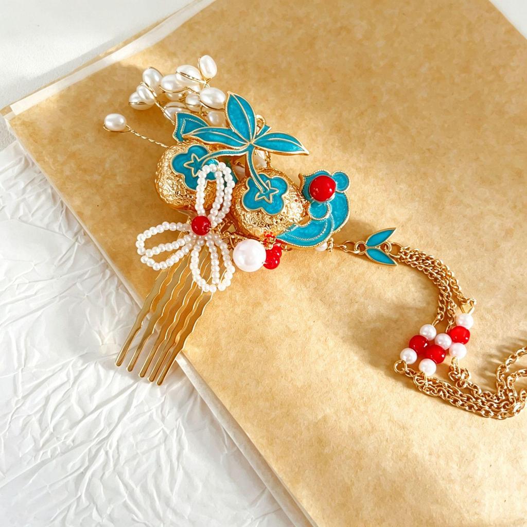 Persimmon Ruyi Xiuhe Tassel Hair Comb Ornament - Ancient Style Hairpin for Updos