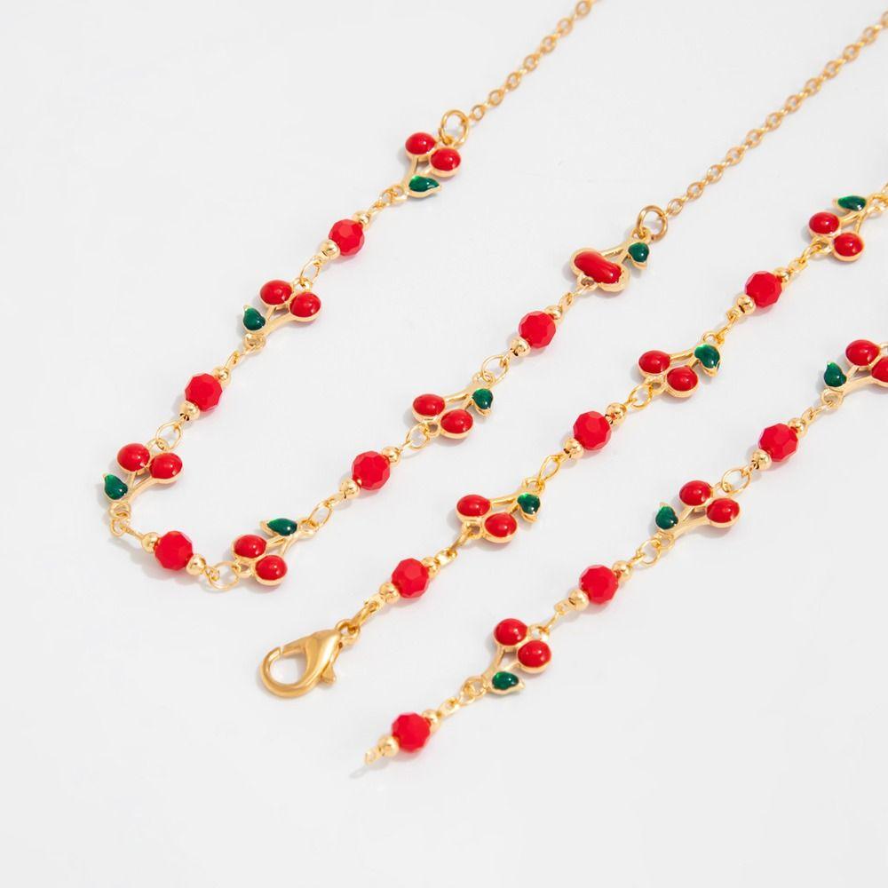 Copper Y-shaped Cherry Necklace Gold Women Long Necklace Creative Clavicle Chain  Girls