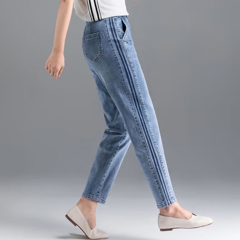 Spring Summer Oversize 80kg Ankle Length Harem Jeans High Waist Stripe Denim Pants Baggy Blue Woman Casual Spodnie Trouser