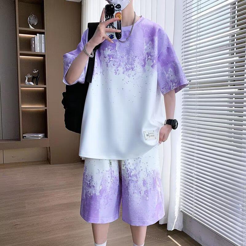 2025 Plus Size Gradient Short-Sleeve Top Set for Teen Boys - Fits Up to 8XL