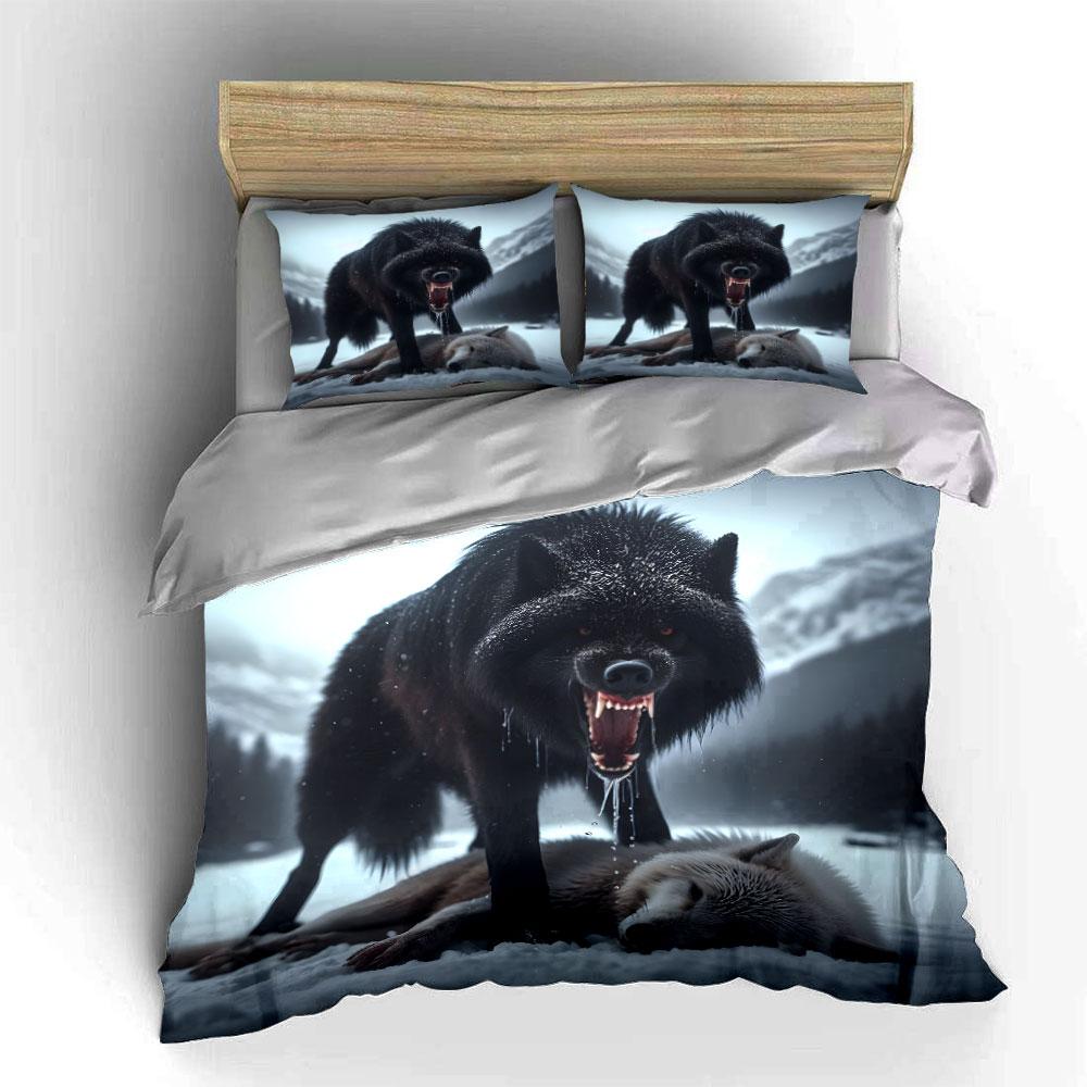 Black Wolf Roaring In Snowy Wilderness Duvet Cover Set With 3D Printing Design Soft Polyester Bedding Set All-Season Comfort