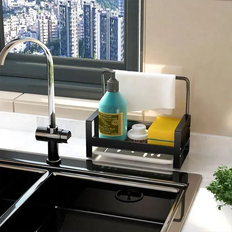 Aluminum Sponge Holder Kitchen Sink Caddy Rack Organizer Storage Rack with Drain Tray Soap Sink Drain Rack Kitchen Accessories