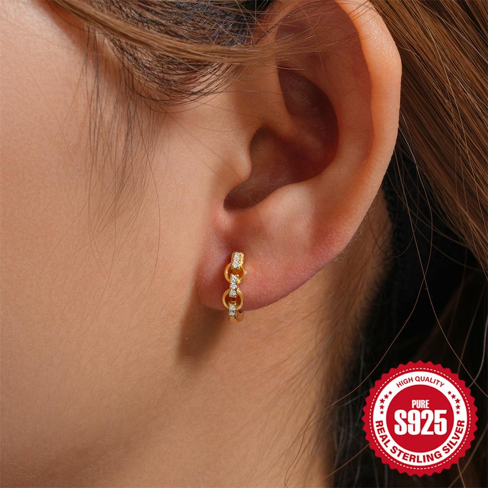 S925 Sterling Silver Personality Diamond Set Love Chain Glossy Luxury Earrings Ear Buckles Earrings Huggie Hoops