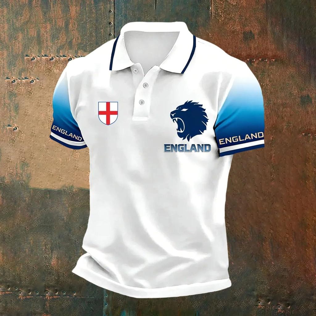 Camiseta Polo Clásica para Hombre con Estampado de Fútbol de Inglaterra Manga Corta Cuello de Botón Corte Casual Ropa de Fútbol para Aficionados